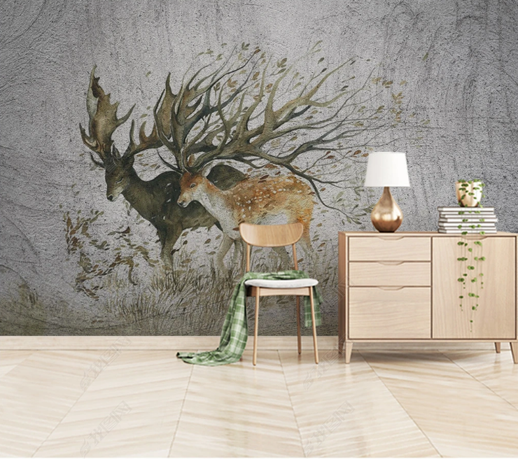 3D Animal Elk Leaf Wall Mural Wallpaper YXL 895- Jess Art Decoration