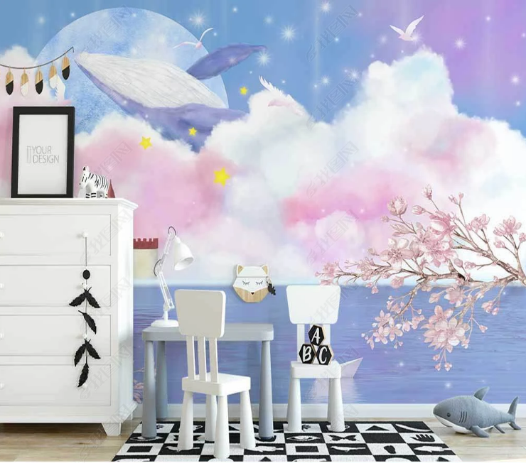 3D Animal Whale Cloud Ocean Tree Sea Mew Wall Mural Wallpaper YXL 960- Jess Art Decoration