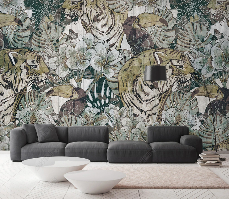 3D Animal Tiger Floral  Wall Mural Wallpaper YXL 976- Jess Art Decoration