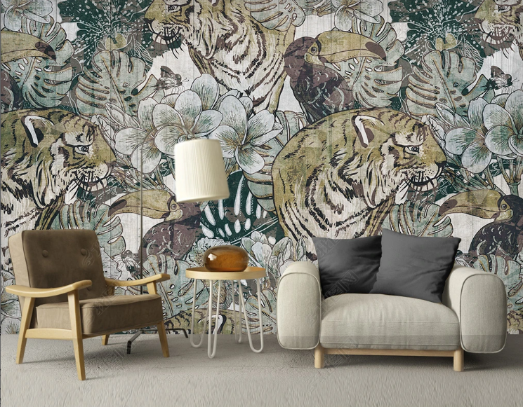 3D Animal Tiger Floral  Wall Mural Wallpaper YXL 976- Jess Art Decoration