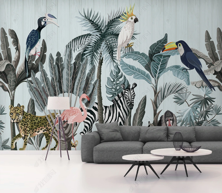 3D Animal Parrot Flamingo Leopard Leaf Wall Mural Wallpaper YXL 977- Jess Art Decoration