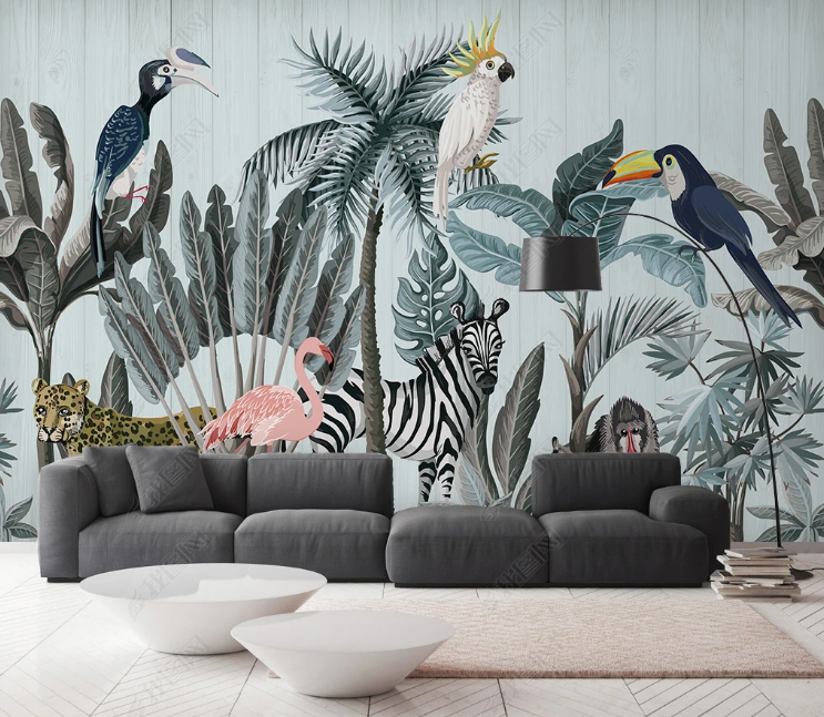 3D Animal Parrot Flamingo Leopard Leaf Wall Mural Wallpaper YXL 977- Jess Art Decoration