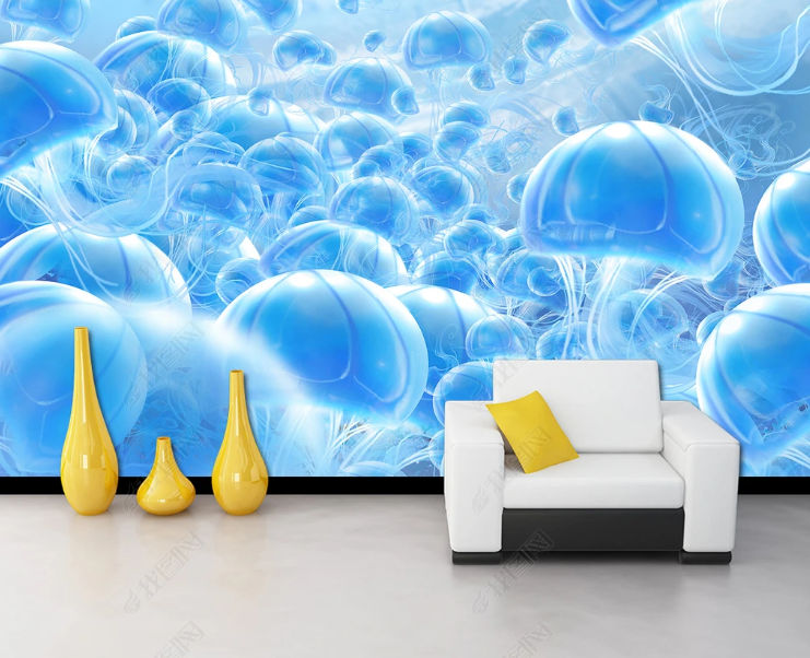 3D Animal Jellyfish Blue Wall Mural Wallpaper YXL 989- Jess Art Decoration