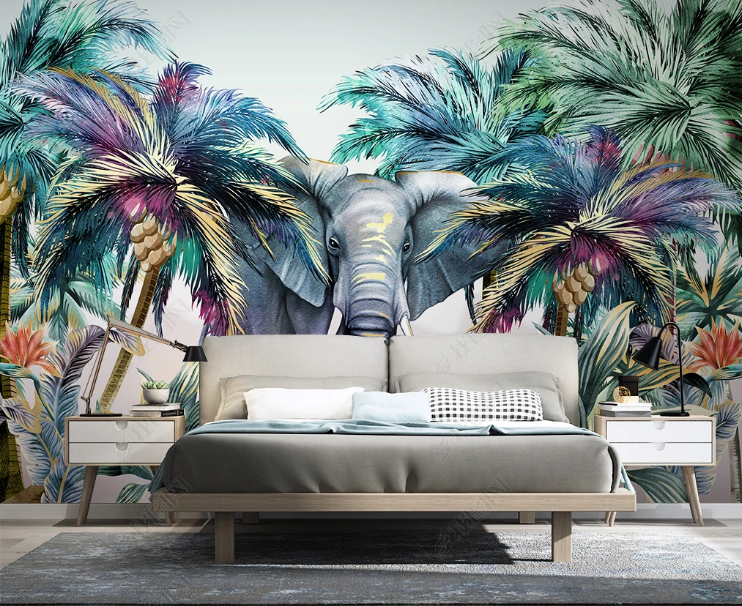 3D Animal Elephant Selva Leaf Wall Mural Wallpaper YXL 996- Jess Art Decoration