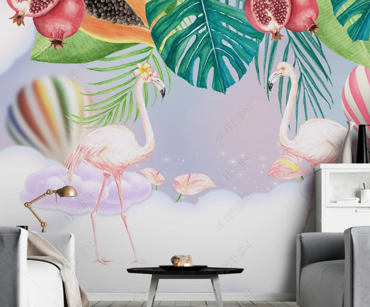3D Animal Flamingo Hydrogen Balloon Leaf Fruits Wall Mural Wallpaper YXL 1039- Jess Art Decoration