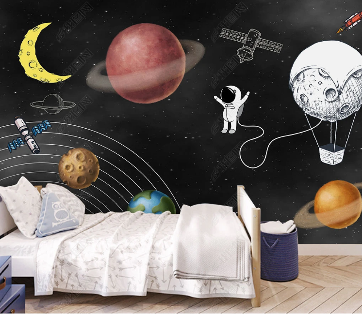 3D Cartoon Spaceman The Earth Space Station Moon Wall Mural Wallpaper YXL 1058- Jess Art Decoration