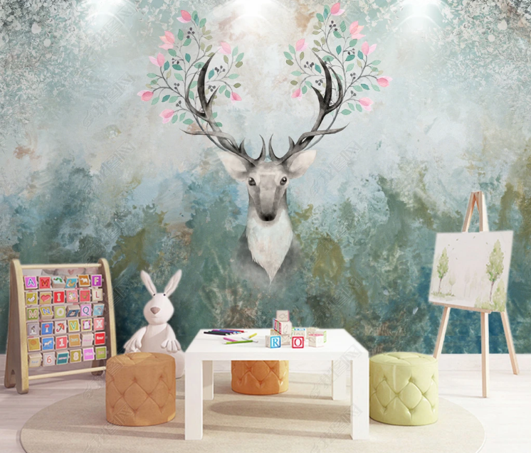 3D Retro Oil painting Elk Floral Wall Mural Wallpaper YXL 1068- Jess Art Decoration