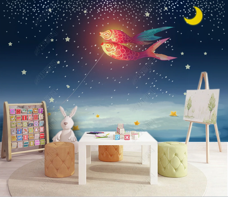 3D Sky Fish Moon Star Night Wall Mural Wallpaper YXL 1074- Jess Art Decoration