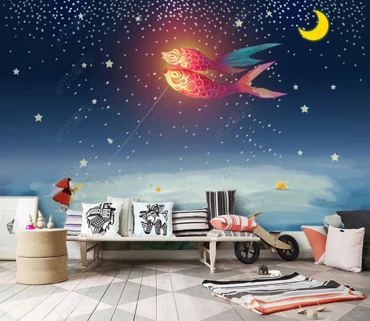 3D Sky Fish Moon Star Night Wall Mural Wallpaper YXL 1074- Jess Art Decoration