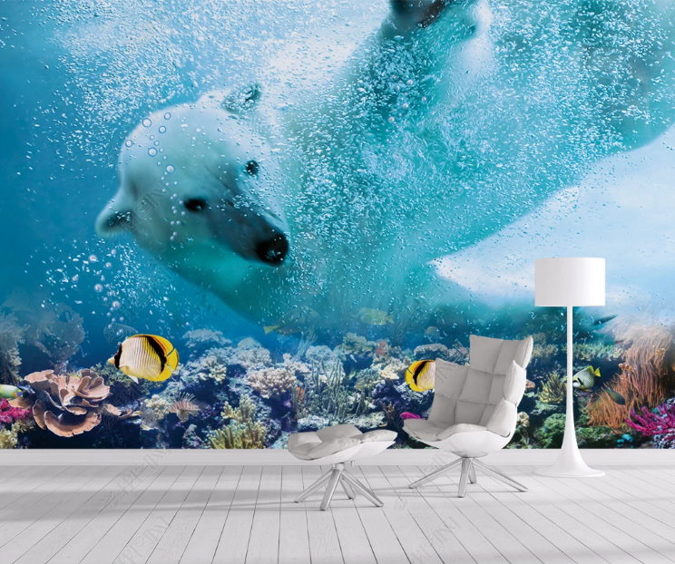 3D Animal Sea World Polar Bear Fish Wall Mural Wallpaper YXL 1083- Jess Art Decoration