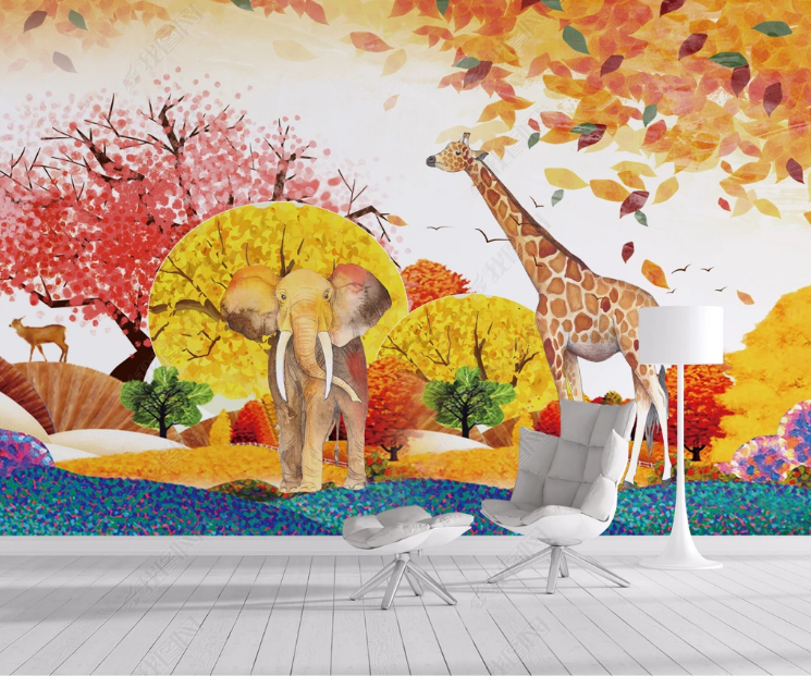 3D Animal Deer Elephant Tree Leaf Wall Mural Wallpaper YXL 1086- Jess Art Decoration