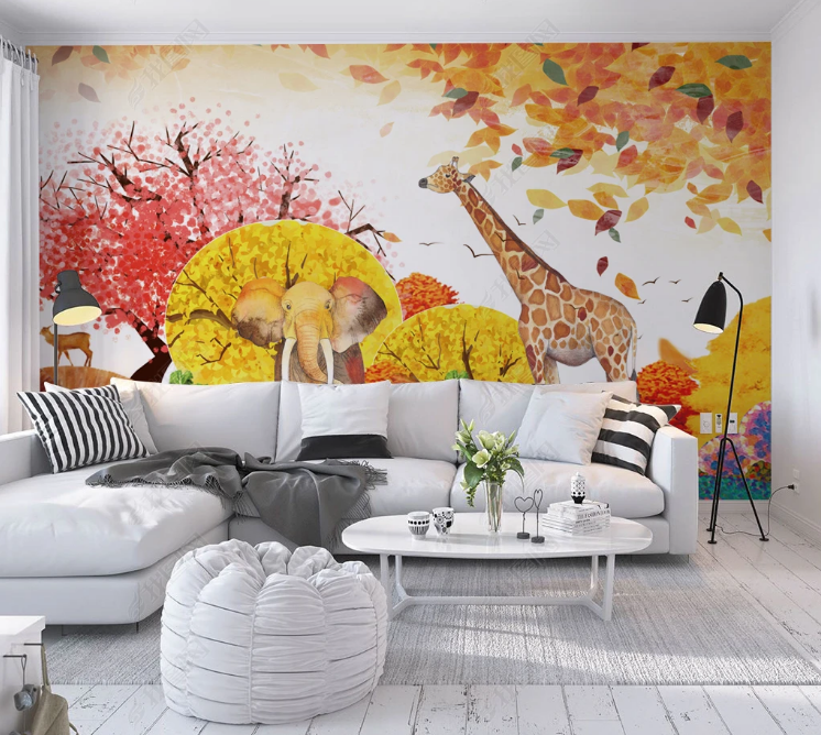 3D Animal Deer Elephant Tree Leaf Wall Mural Wallpaper YXL 1086- Jess Art Decoration