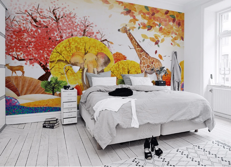 3D Animal Deer Elephant Tree Leaf Wall Mural Wallpaper YXL 1086- Jess Art Decoration