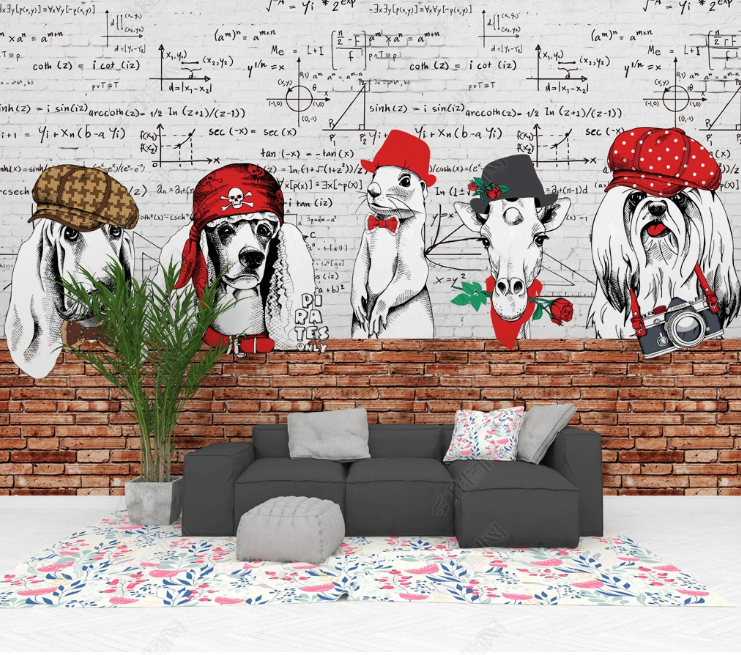 3D Animal Dog Brick Mathematical Formula Wall Mural Wallpaper YXL 1096- Jess Art Decoration