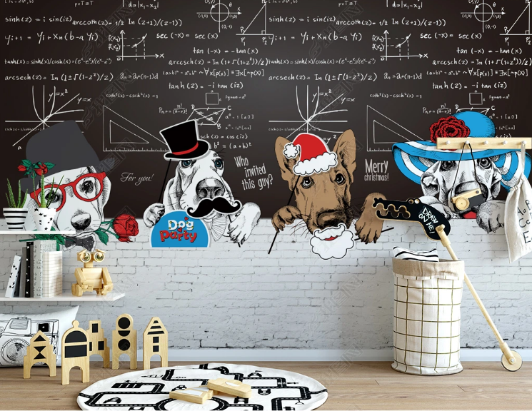 3D Animal Dog Brick Mathematical Formula Wall Mural Wallpaper YXL 1097- Jess Art Decoration