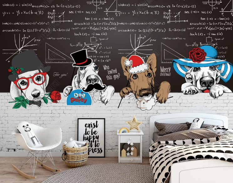 3D Animal Dog Brick Mathematical Formula Wall Mural Wallpaper YXL 1097- Jess Art Decoration