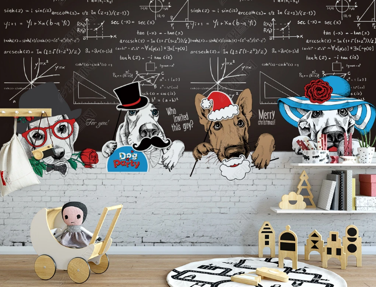 3D Animal Dog Brick Mathematical Formula Wall Mural Wallpaper YXL 1097- Jess Art Decoration