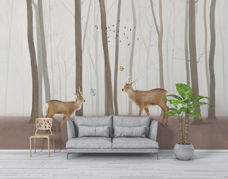 3D Animal Deer Trunk Butterfly Bird Wall Mural Wallpaper YXL 1101- Jess Art Decoration