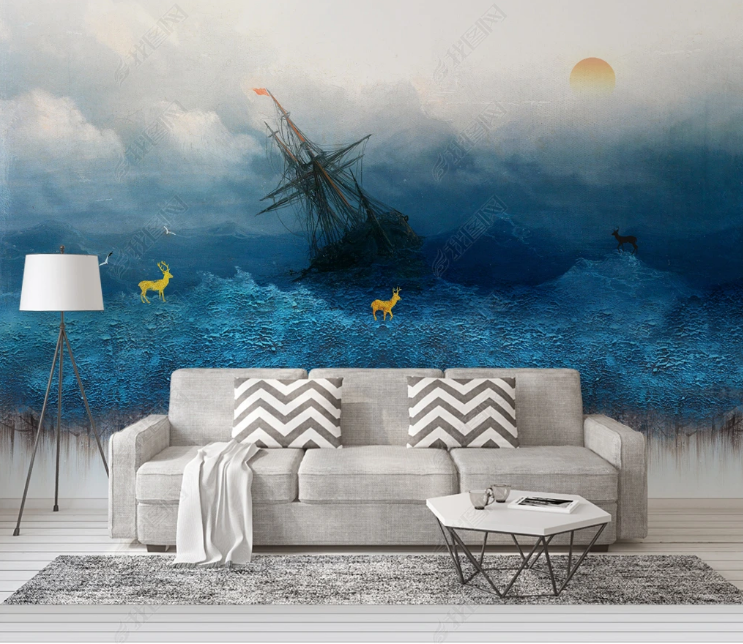 3D Oil painting Ocean Sailing Sun Wall Mural Wallpaper YXL 1103- Jess Art Decoration