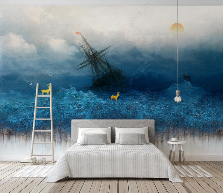 3D Oil painting Ocean Sailing Sun Wall Mural Wallpaper YXL 1103- Jess Art Decoration