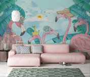 3D Animal Flamingo Sun Leaf Wall Mural Wallpaper YXL 1106- Jess Art Decoration