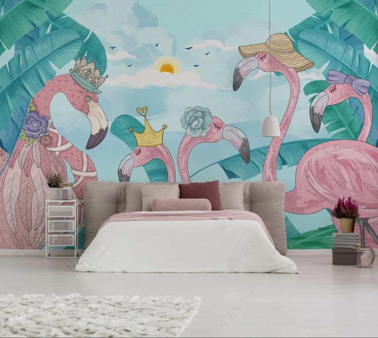3D Animal Flamingo Sun Leaf Wall Mural Wallpaper YXL 1106- Jess Art Decoration