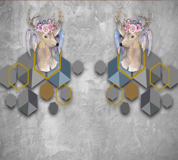 3D Animal Elk Rhombus Parallelogram Floral Wall Mural Wallpaper YXL 1111- Jess Art Decoration