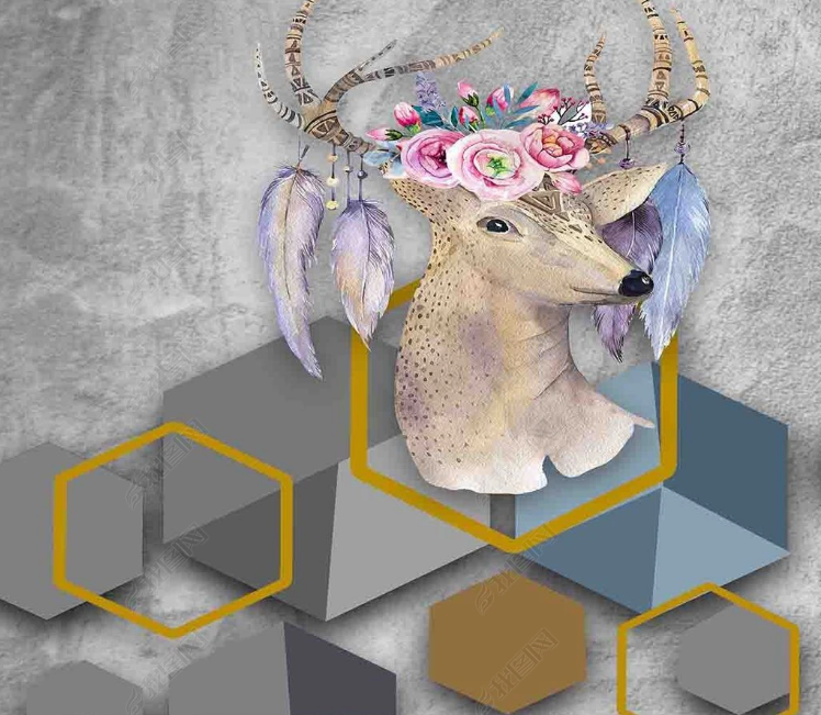 3D Animal Elk Rhombus Parallelogram Floral Wall Mural Wallpaper YXL 1111- Jess Art Decoration