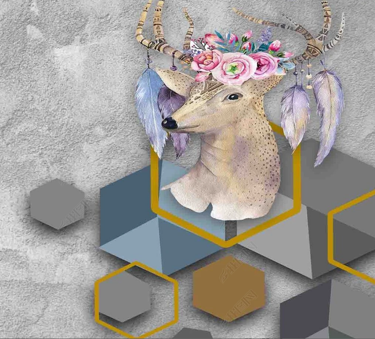 3D Animal Elk Rhombus Parallelogram Floral Wall Mural Wallpaper YXL 1111- Jess Art Decoration