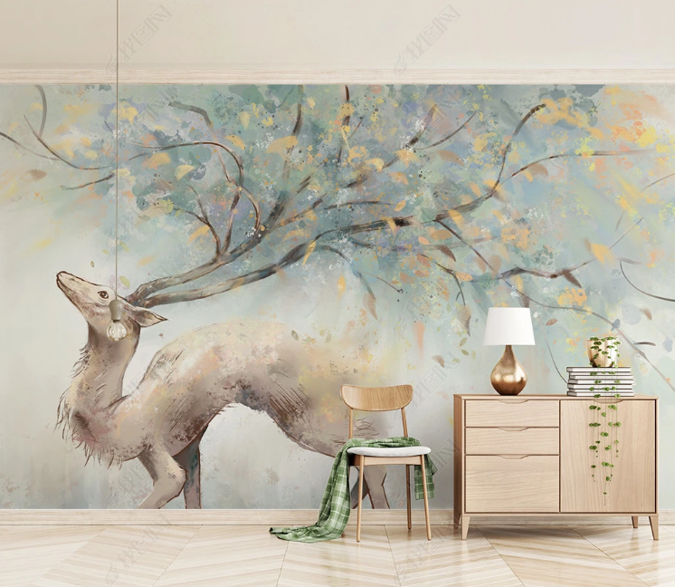 3D Animal Elk Tree Wall Mural Wallpaper YXL 1117- Jess Art Decoration
