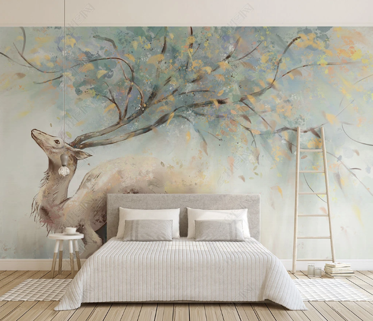 3D Animal Elk Tree Wall Mural Wallpaper YXL 1117- Jess Art Decoration