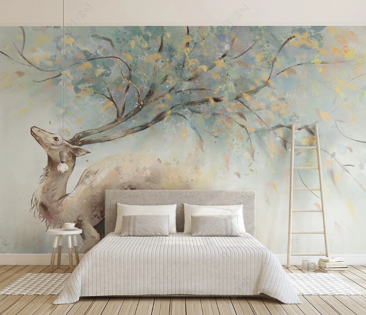3D Animal Elk Tree Wall Mural Wallpaper YXL 1117- Jess Art Decoration