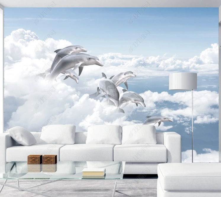 3D Animal Dolphin Cloud Sky Wall Mural Wallpaper YXL 1143- Jess Art Decoration
