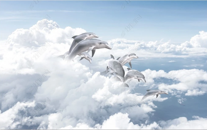 3D Animal Dolphin Cloud Sky Wall Mural Wallpaper YXL 1143- Jess Art Decoration