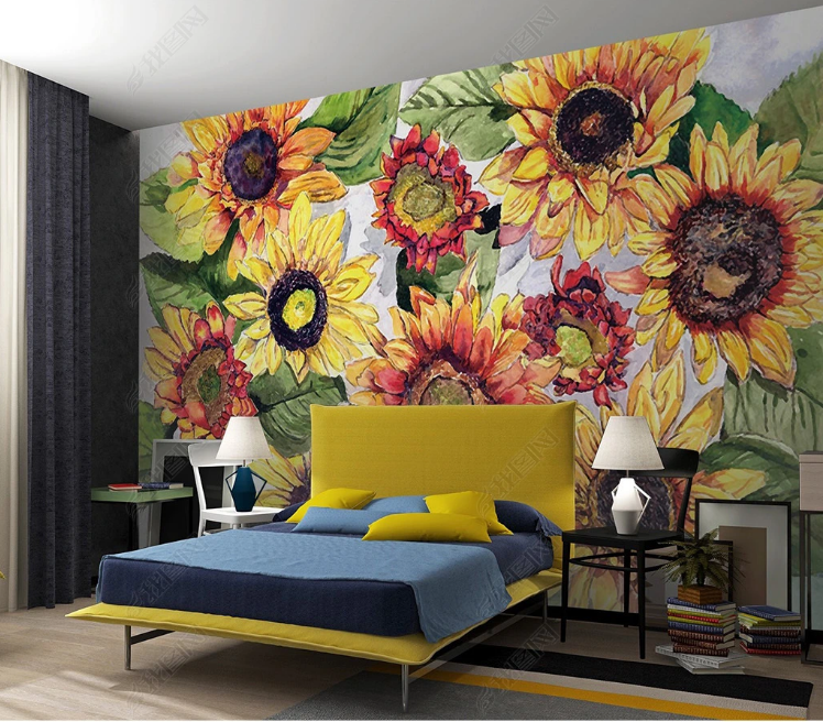 3D Oil painting Sunflower Greenery Wall Mural Wallpaper YXL 1148- Jess Art Decoration