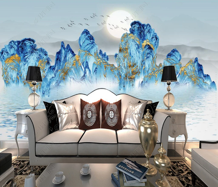 3D Ink And Wash Mountain Sun Blue Wall Mural Wallpaper YXL 1155- Jess Art Decoration