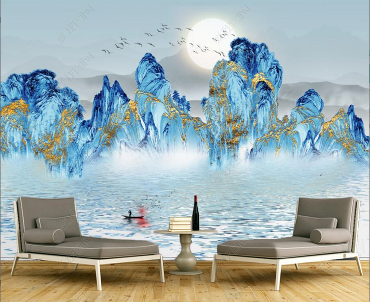 3D Ink And Wash Mountain Sun Blue Wall Mural Wallpaper YXL 1155- Jess Art Decoration