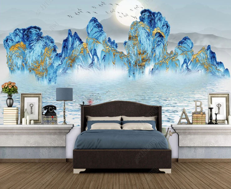 3D Ink And Wash Mountain Sun Blue Wall Mural Wallpaper YXL 1155- Jess Art Decoration