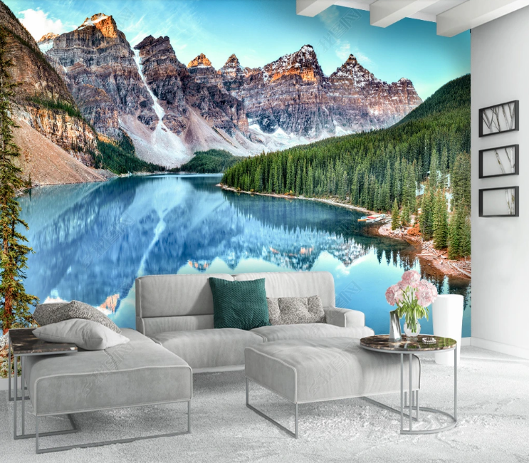 3D Snow Mountain Lake snow mountain lake landscape wall mural wallpaper for living room - view 2