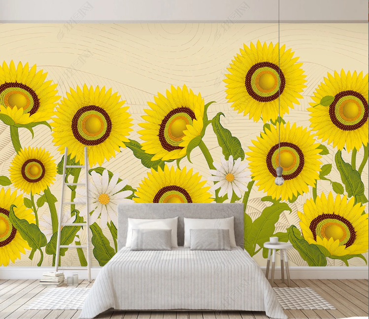 3D Floral Sunflower Apricot Greenery Wall Mural Wallpaper YXL 1206