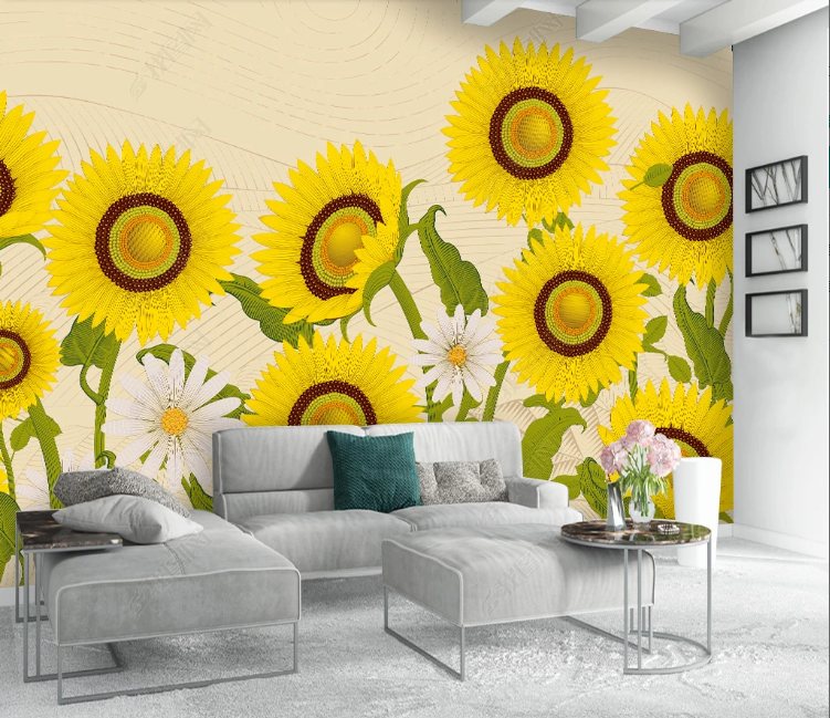 3D Floral Sunflower Apricot Greenery Wall Mural Wallpaper YXL 1206