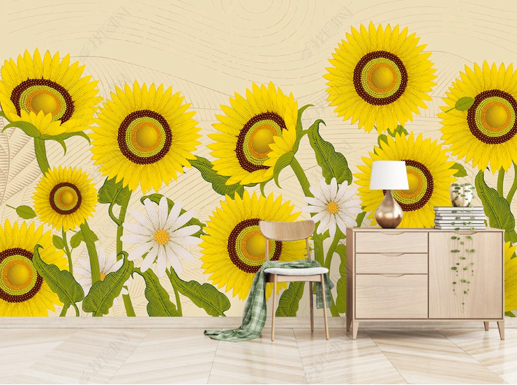3D Floral Sunflower Apricot Greenery Wall Mural Wallpaper YXL 1206