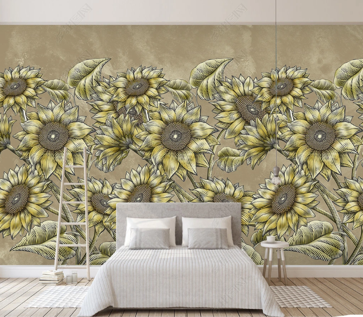 3D Floral Sunflower Retro Wall Mural Wallpaper YXL 1207
