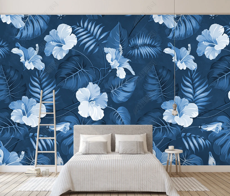 3D Flowers Leaf Blue Wall Mural Wallpaper YXL 1212