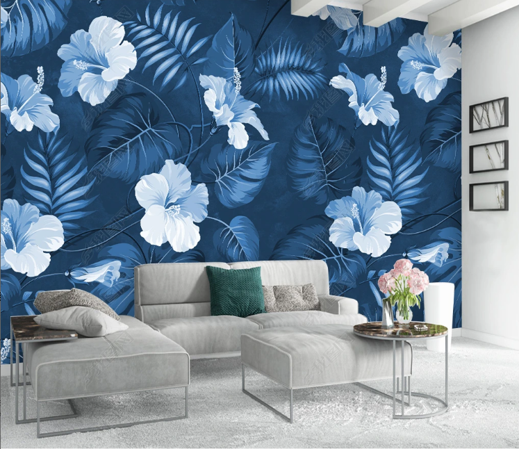 3D Flowers Leaf Blue Wall Mural Wallpaper YXL 1212