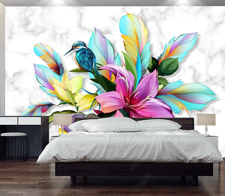 3D Marbling Feather Floral Bird Wall Mural Wallpaper YXL 1220