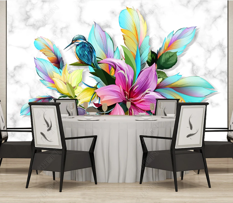 3D Marbling Feather Floral Bird Wall Mural Wallpaper YXL 1220