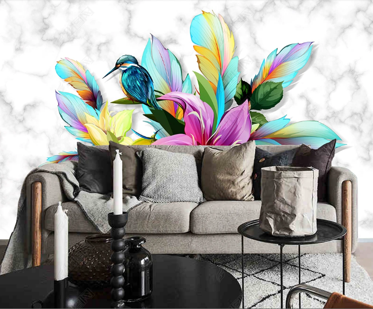 3D Marbling Feather Floral Bird Wall Mural Wallpaper YXL 1220