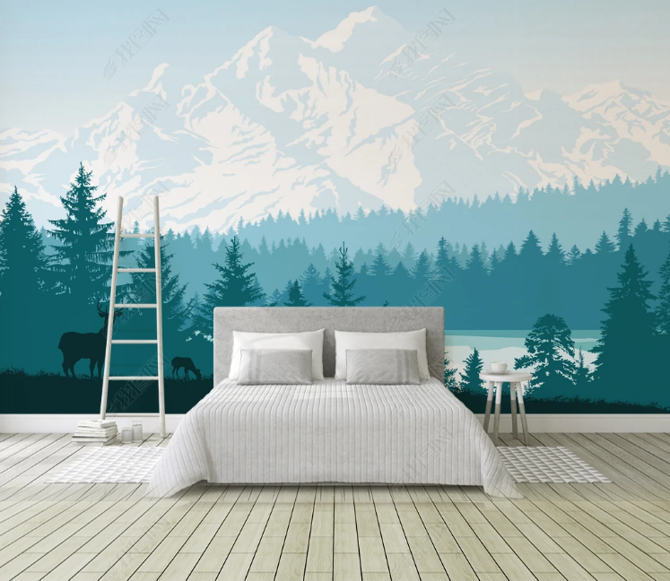 3D Animal Forest Elk Mountain River Wall Mural Wallpaper YXL 1231