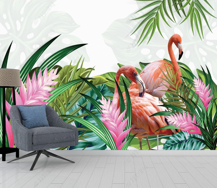 3D Animal Flamingo Selva Greenery Wall Mural Wallpaper YXL 1234